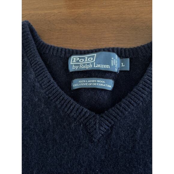 Polo Ralph Lauren Mens Navy Lambs Wool Sweater Sz L Pullover Preppy Italian Wool - Picture 2 of 5